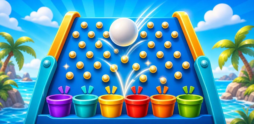 A glossy Plinko board with a white ball bouncing through gold pegs into colorful cups.